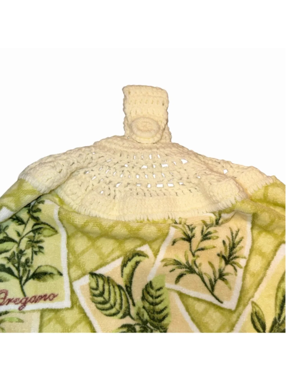 Crochet Top Hanging Kitchen Towel Herbs Sage Thyme Basil Oregano Cream Green